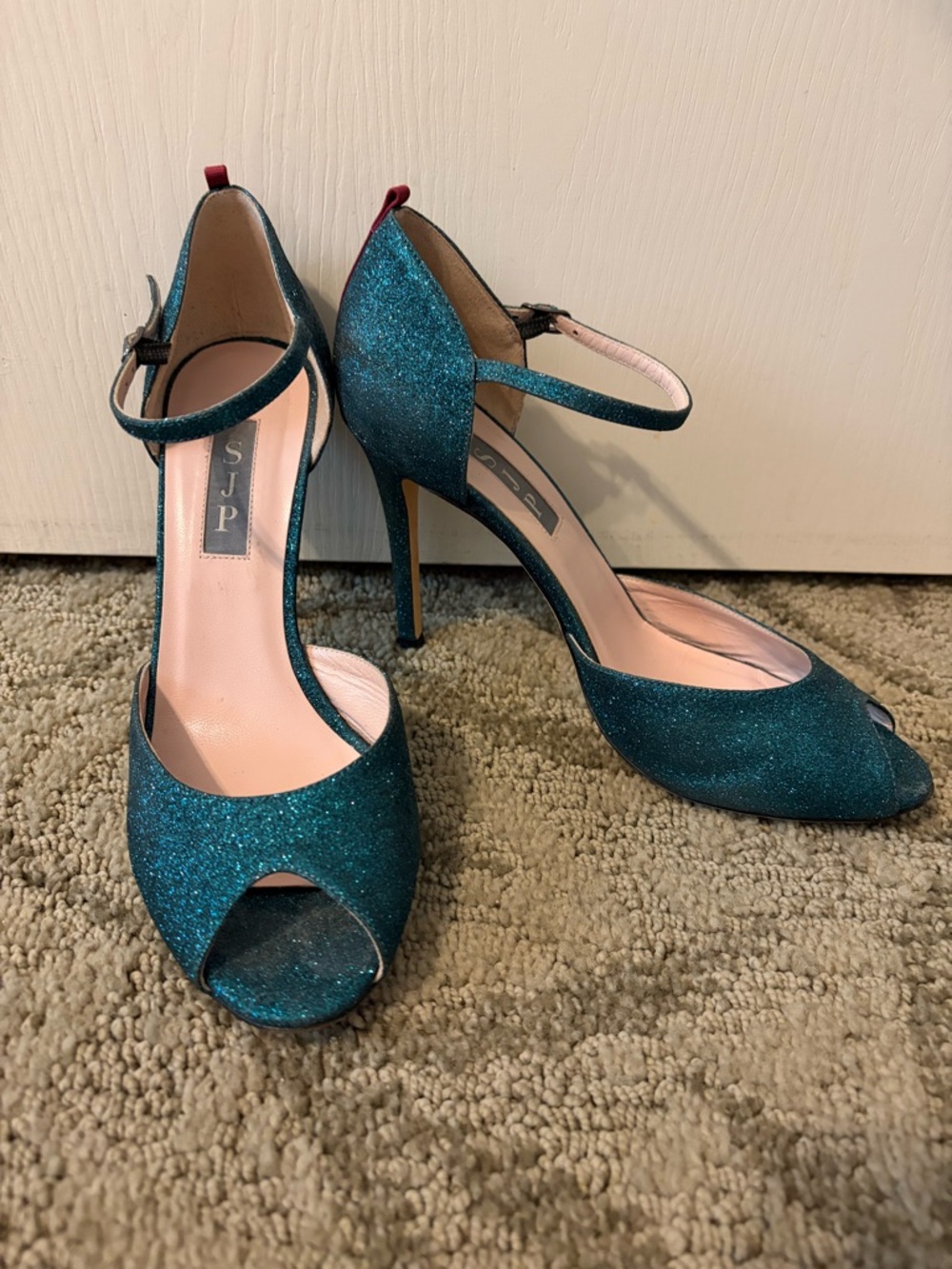 SJP Teal sparkle peep toe heels